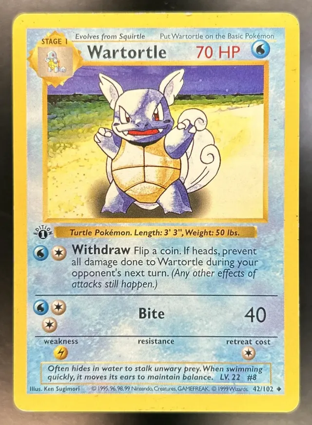 Wartortle 1st Edition #42/102 Set Shadowless MP — image from Fanatics Collect (ex-PWCC)