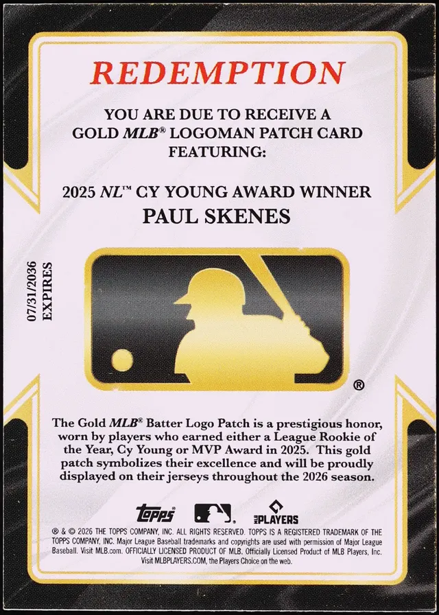 2026 Topps Chrome NL Cy Young Award Paul Skenes GOLD MLB LOGOMAN PATCH /4, Redemption — image from Fanatics Collect (ex-PWCC)