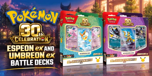 Pokémon’s 30th Celebration Continues With Espeon ex and Umbreon ex Battle Decks Friday — image from Cardlines